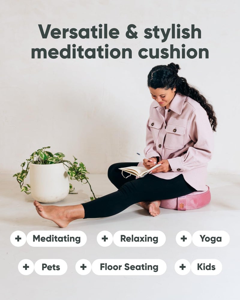 Mindful Modern Mindful & Modern Velvet Meditation Cushion | Luxe Zafu Yoga Floor Pillow Seat | Posture Support | Buckwheat Hull Filled | Large Round Cushion with Removable Washable Cover + Carry Handle | Color Pink - Image 5
