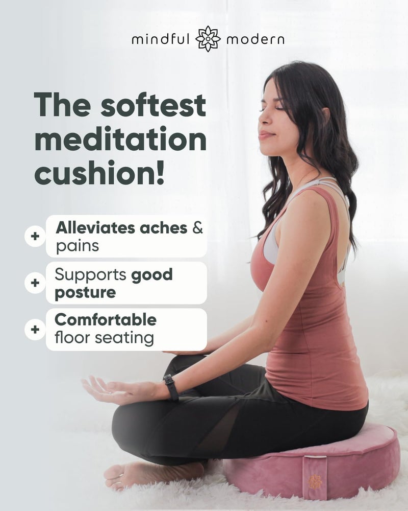 Mindful Modern Mindful & Modern Velvet Meditation Cushion | Luxe Zafu Yoga Floor Pillow Seat | Posture Support | Buckwheat Hull Filled | Large Round Cushion with Removable Washable Cover + Carry Handle | Color Pink - Image 2