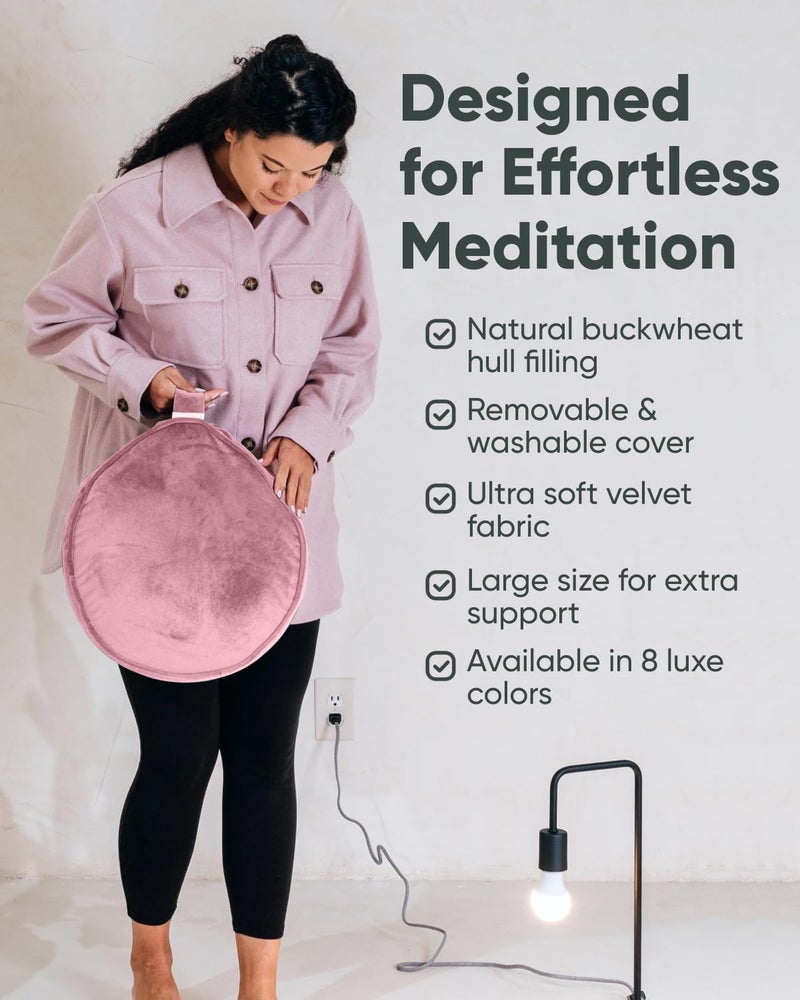 Mindful Modern Mindful & Modern Velvet Meditation Cushion | Luxe Zafu Yoga Floor Pillow Seat | Posture Support | Buckwheat Hull Filled | Large Round Cushion with Removable Washable Cover + Carry Handle | Color Pink - Image 4
