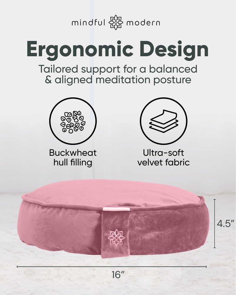 Mindful Modern Mindful & Modern Velvet Meditation Cushion | Luxe Zafu Yoga Floor Pillow Seat | Posture Support | Buckwheat Hull Filled | Large Round Cushion with Removable Washable Cover + Carry Handle | Color Pink - Image 3