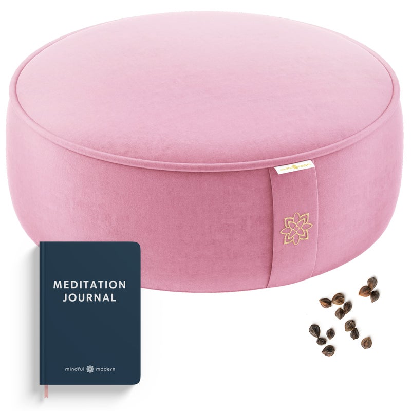 Mindful Modern Mindful & Modern Velvet Meditation Cushion | Luxe Zafu Yoga Floor Pillow Seat | Posture Support | Buckwheat Hull Filled | Large Round Cushion with Removable Washable Cover + Carry Handle | Color Pink - Image 1