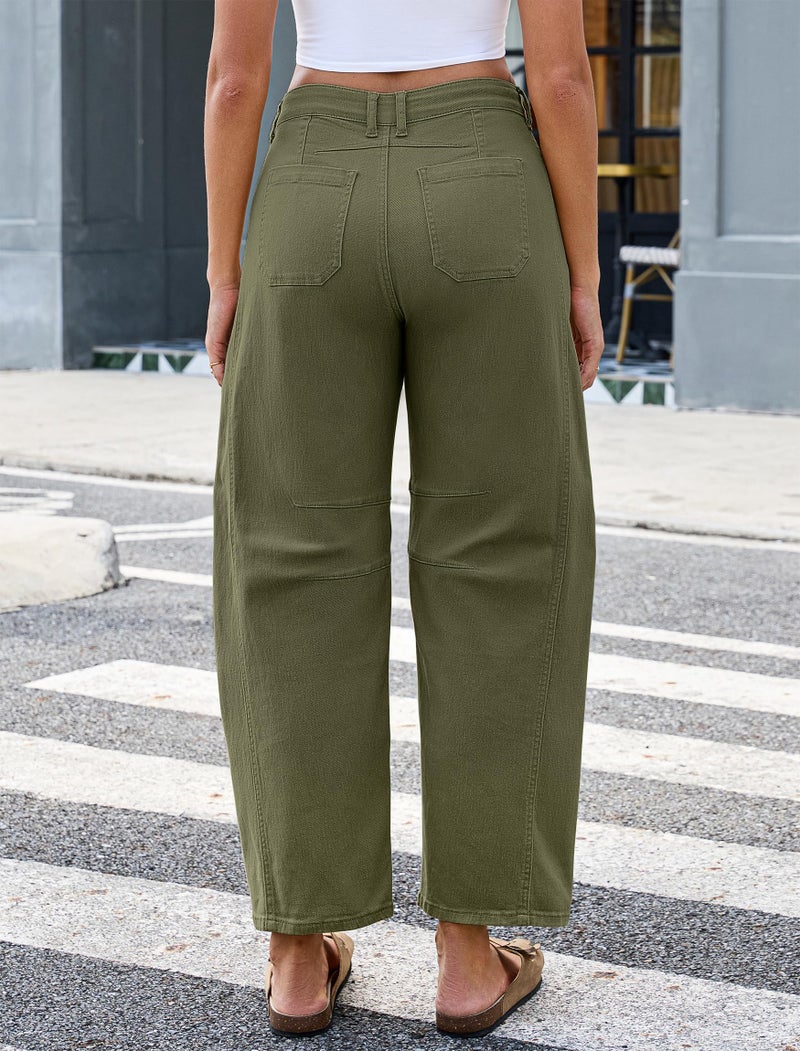 Eddoyee Wide Leg Barrel Pants Women - Stretchy High Waist Baggy Pants Y2k Boyfriend Ankle Trousers with Pockets Army Green - Image 2