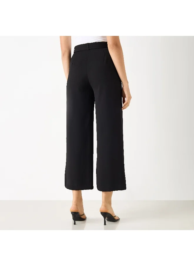 Iconic Iconic Solid Belted Wide Leg Pants with Pockets