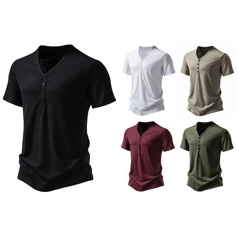 new four button men''s V-neck bamboo short sleeve T-shirt 012P30 - Image 5