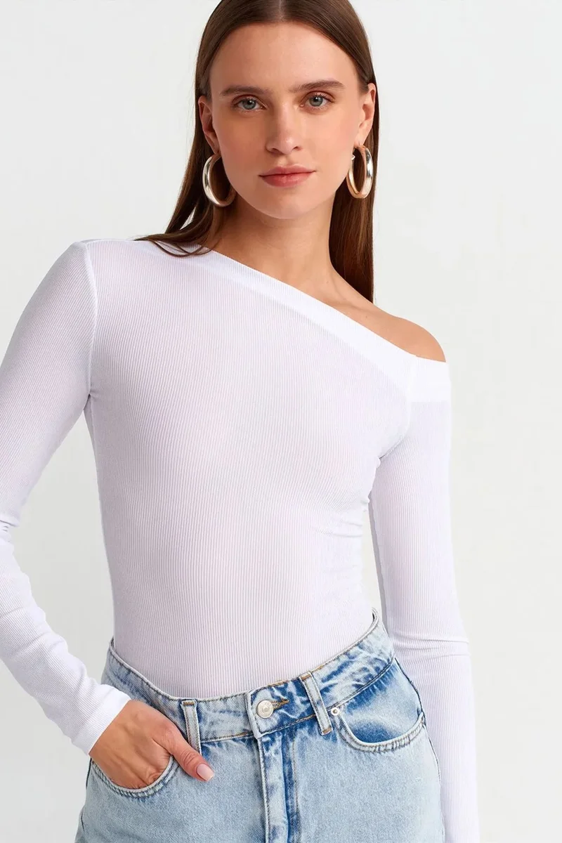 Dilvin White DILVIN Asymmetrical Cut-Out Slim Fit Blouse for Women | Best Price UAE