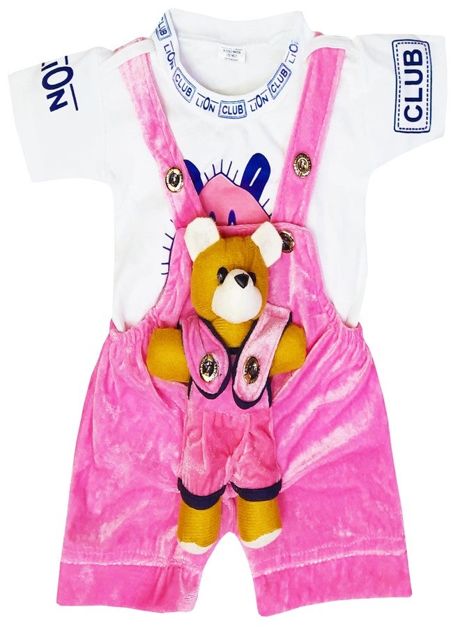 Timatim Baby Dungaree Set Baby Boys Velvet Dungaree and Cotton T-shirt Clothing Set, 0-6 months (0-6 Months, Pink) - Image 4