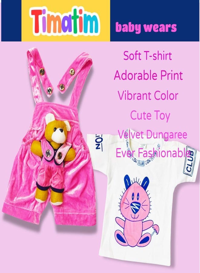 Timatim Baby Dungaree Set Baby Boys Velvet Dungaree and Cotton T-shirt Clothing Set, 0-6 months (0-6 Months, Pink) - Image 2