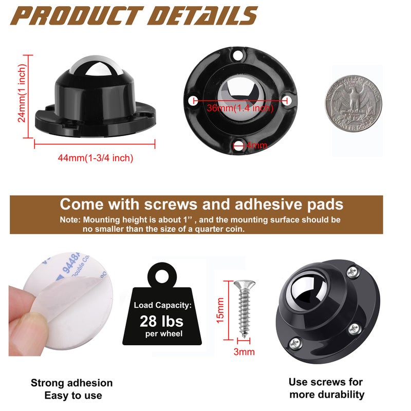 PlusRoc 8 Pack Self Adhesive Caster Wheels 1 Inch for Appliance Sliders Rollers, Load Capacity 28LBS Per Wheel, Low Profile Swivel Wheels for Furniture Storage Bins, Black - Image 2