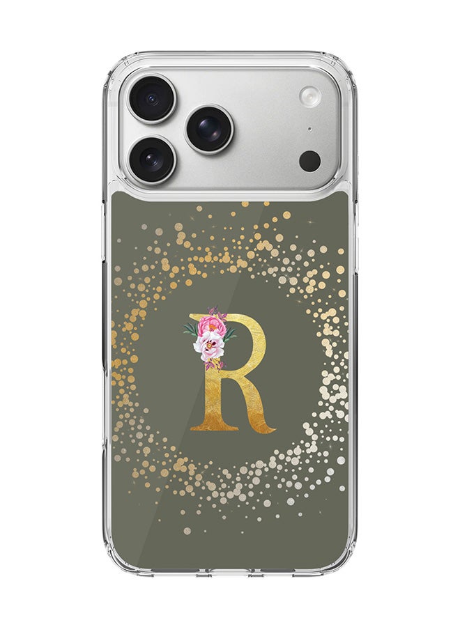 Stylizedd Classic Clear MagSafe Case for iPhone 17 Pro Max , Hybrid Soft Case Flexible Edges Anti Drop TPU PC Gel Thin Transparent Cover [ Designed for iPhone 17 Pro Max ] - Custom Monogram Initial Letter Floral Pattern Alphabet - R  (Olive Green )