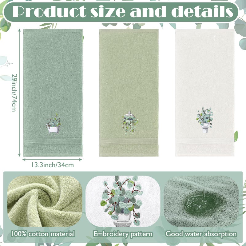 FuWeave 3 Pcs Eucalyptus Hand Towels Farmhouse Embroidered Botanical Bathroom Decor 13.3x29.5 Inch Farmhouse 100% Cotton Decorative Green Leaves Hand Towels for Bathroom Kitchen - Image 2