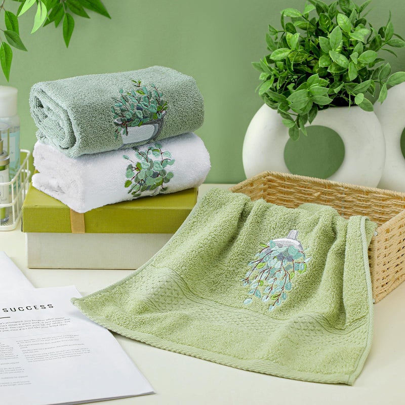 FuWeave 3 Pcs Eucalyptus Hand Towels Farmhouse Embroidered Botanical Bathroom Decor 13.3x29.5 Inch Farmhouse 100% Cotton Decorative Green Leaves Hand Towels for Bathroom Kitchen - Image 3