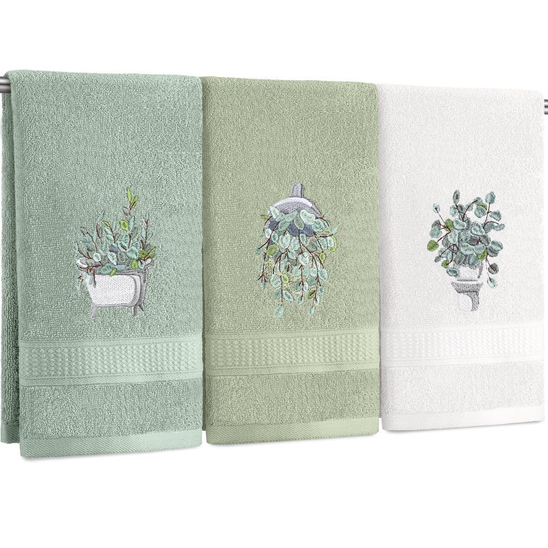 FuWeave 3 Pcs Eucalyptus Hand Towels Farmhouse Embroidered Botanical Bathroom Decor 13.3x29.5 Inch Farmhouse 100% Cotton Decorative Green Leaves Hand Towels for Bathroom Kitchen - Image 1