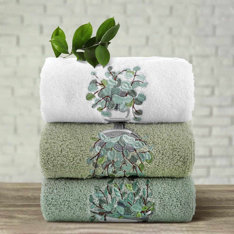 FuWeave 3 Pcs Eucalyptus Hand Towels Farmhouse Embroidered Botanical Bathroom Decor 13.3x29.5 Inch Farmhouse 100% Cotton Decorative Green Leaves Hand Towels for Bathroom Kitchen - Image 5
