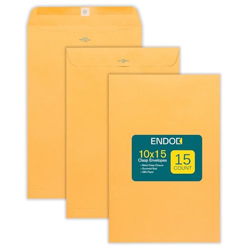 EnDoc Clasp Envelopes - 10 x 15 Inch Brown Kraft Catalog Envelopes with Clasp Closure & Gummed Seal – 28lb Heavyweight Paper Jumbo Envelopes for Home, Business, Legal or School 10x15 15 Pack, - Image 1