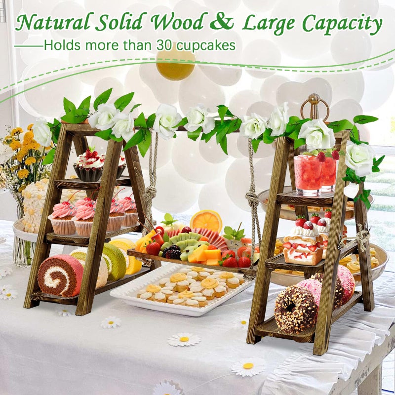 Yudlto Wooden 3-Tier Cupcake Stand with Swing & Flower Decor - Foldable Display Stand with Removable Trays for Cake, Snacks, Fruit - Perfect for Weddings, Birthdays, Parties & Catering Events - Image 2