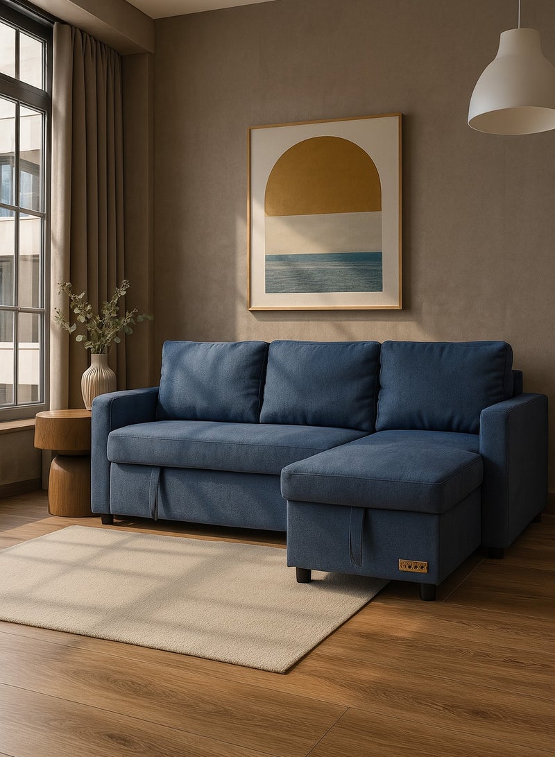 KUSTOMDECO L-Shape 3 Seater Sofa Cum Bed With Cushions L-Shaped Storage Space | Convertible Living Room Furniture Blue 211X146X85 Cm - Image 2