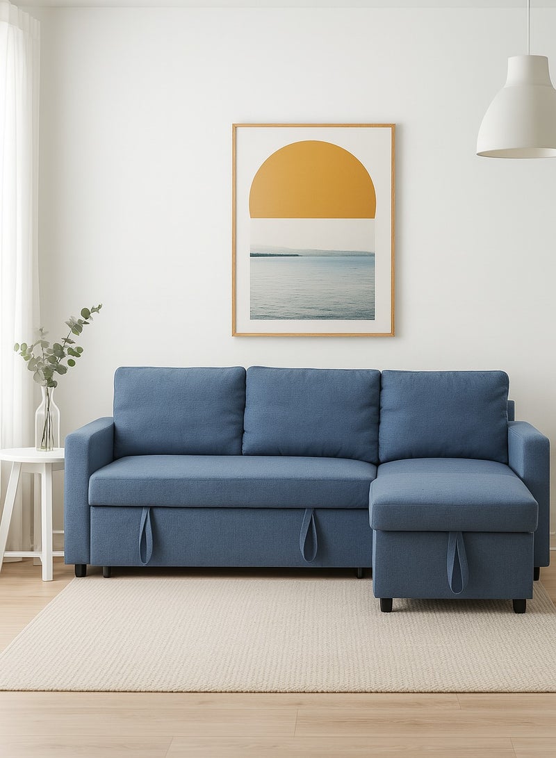 KUSTOMDECO L-Shape 3 Seater Sofa Cum Bed With Cushions L-Shaped Storage Space | Convertible Living Room Furniture Blue 211X146X85 Cm - Image 1