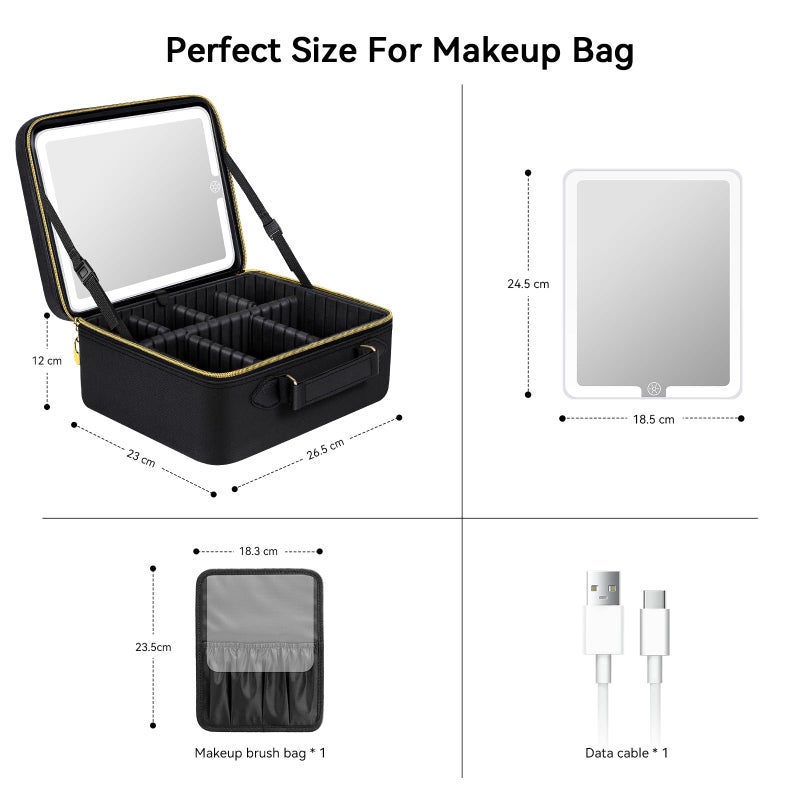 JUSRON Travel Makeup Bag With LED Mirror,Train Case with Light up Mirror, Portable Makeup Artist Organizer Bag with Adjustable Dividers (Black, Large) - Image 4