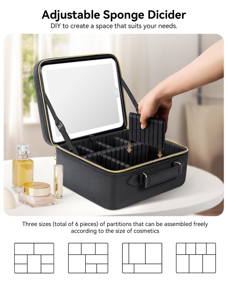 JUSRON Travel Makeup Bag With LED Mirror,Train Case with Light up Mirror, Portable Makeup Artist Organizer Bag with Adjustable Dividers (Black, Large) - Image 5