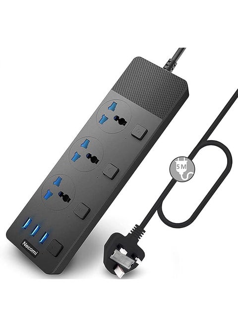 Necomi Extension Lead with 3 USB Slots | 5 Meter Cable Cord Power Strip, 3 Way Universal Socket | Smart Charging Station Hub, Individually Switched, Surge Protected, and Wall Mount UK Plug (Black)
