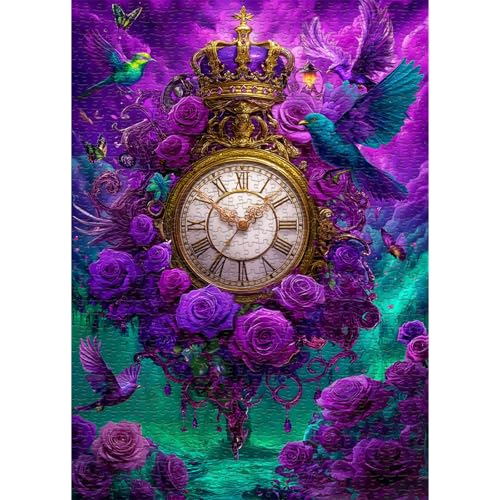 PICKFORU Fantasy Puzzles for Adults 1000 Pieces Magic Landscape Clock Purple Flower Rose Jigsaw Puzzle Bird Animal Colorful Challenge Puzzle - Image 1