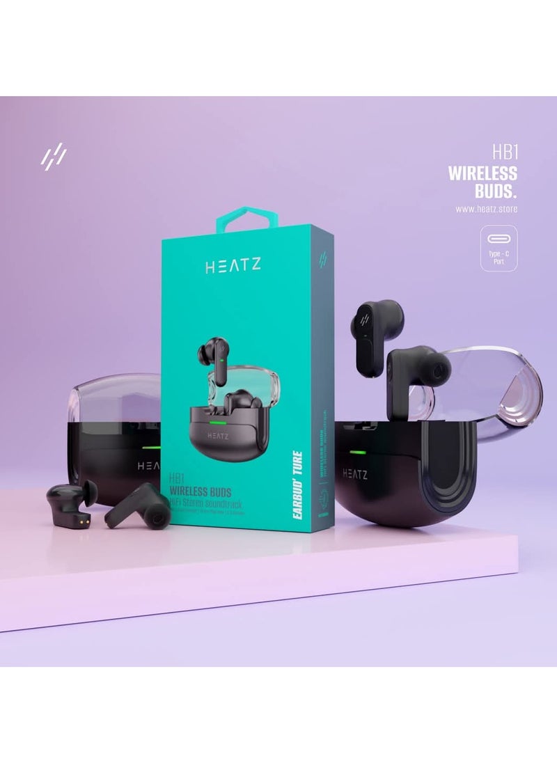 HEATZ Heatz HB1 Wireless Earbuds, HiFi Stereo Sound, 18 Hours Playtime, Bluetooth 5.3, Touch Control, ENC, Lightweight Earbuds, Bluetooth Headset, All Day Wear, Black  - Image 2