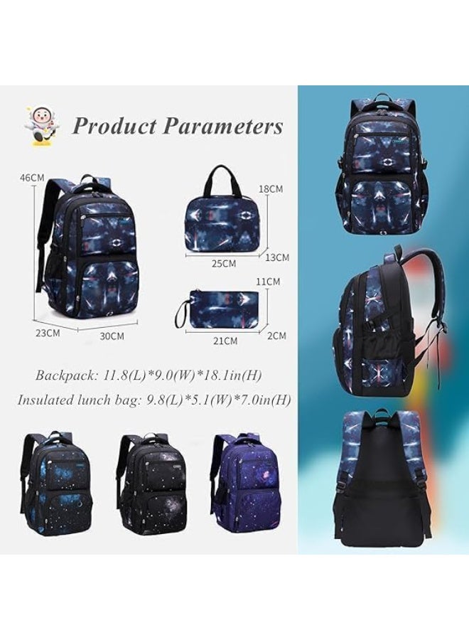 FALAHOM 3 Pcs Boys Backpacks Primary Junior High School Bag Kids Bookbag 3 in 1 Casual Daypack Set Fashion Space Galaxy Printed Durable Knapsack with Lunch Bag,Travel Rucksack - Image 3