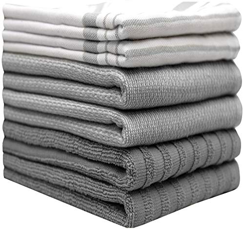 Bumble Towels Premium Kitchen Towels (20”x 28”, 6 Pack) | Large Cotton Dish Towels | Flat & Terry Highly Absorbent Kitchen Linen Set with Hanging Loop | Grey Striped - Image 2
