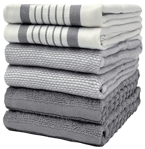 Bumble Towels Premium Kitchen Towels (20”x 28”, 6 Pack) | Large Cotton Dish Towels | Flat & Terry Highly Absorbent Kitchen Linen Set with Hanging Loop | Grey Striped - Image 1