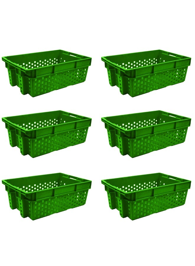 Ethic Solutions 6pcs of Plastic Storage Vegetable Crate Box 580×380×220 mm 49L Stackable Heavy Duty Reinforced Walls Anti-Slip Base for Home Industrial Commercial Delivery - Green