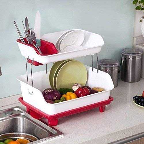 Baboies Kitchen Dish Drainer Rack Plastic 2 Layer Dish Drainer Rack Basket Blue White - Image 3