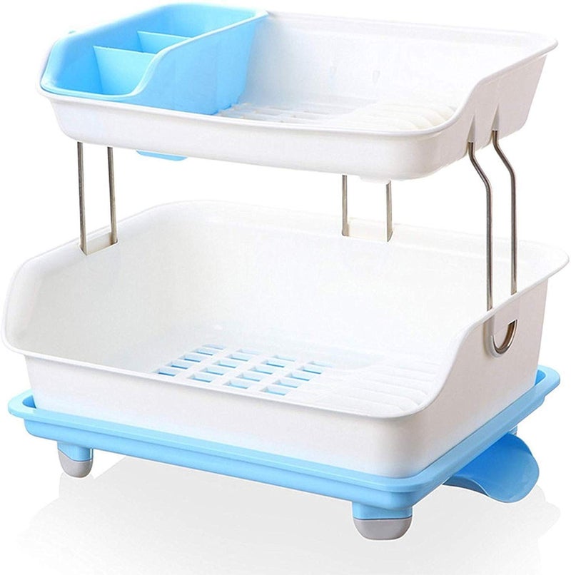 Baboies Kitchen Dish Drainer Rack Plastic 2 Layer Dish Drainer Rack Basket Blue White - Image 4
