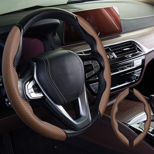 WOCOCN 2pcs Car Steering Wheel Cover,Anti-Skid Carbon Fiber Steering Wheel Protector for Men Women,Multiple Color Options,Universal for Most Car Interiors Accessories (Brown) - Image 1