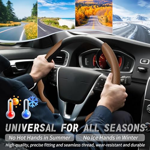 WOCOCN 2pcs Car Steering Wheel Cover,Anti-Skid Carbon Fiber Steering Wheel Protector for Men Women,Multiple Color Options,Universal for Most Car Interiors Accessories (Brown) - Image 4
