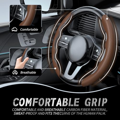 WOCOCN 2pcs Car Steering Wheel Cover,Anti-Skid Carbon Fiber Steering Wheel Protector for Men Women,Multiple Color Options,Universal for Most Car Interiors Accessories (Brown) - Image 2
