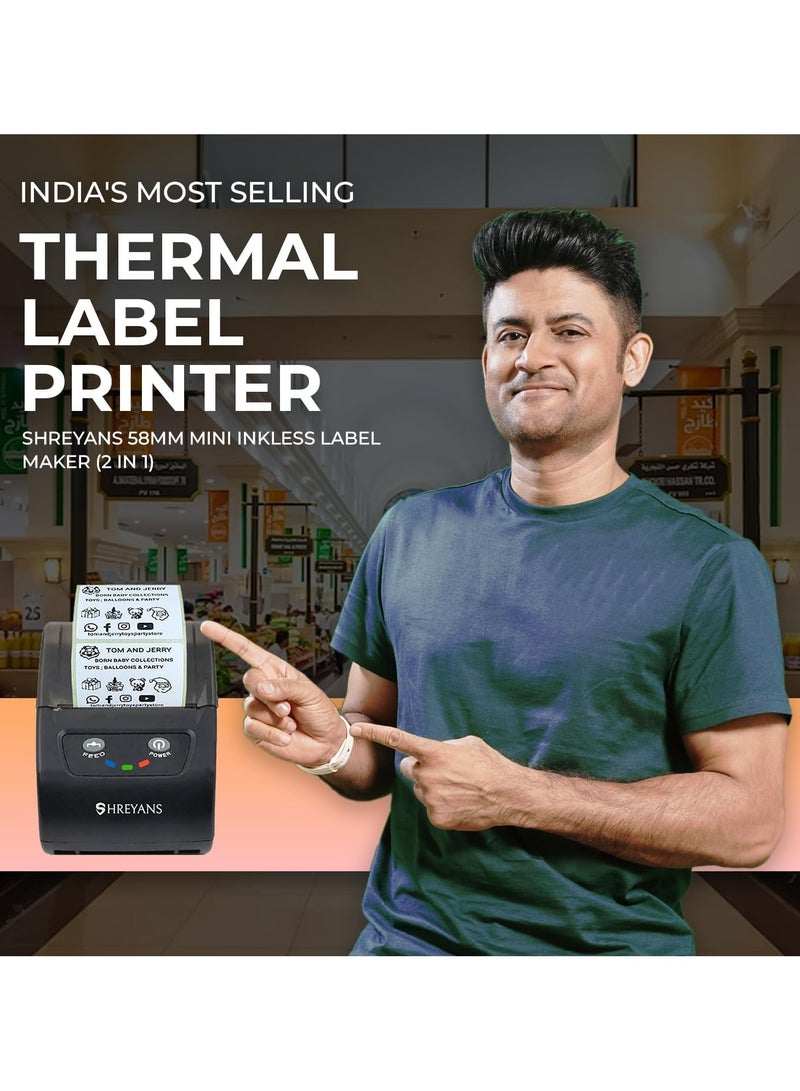 SHREYANS 58mm Mini Inkless Label Maker (2 in 1) - Thermal Barcode Labels & Receipt Printer (50x25 Label Combo) Free 500 Labels | Easy to Connect with Any Mobile Phone via Bluetooth (Android or iOS)  - Image 3