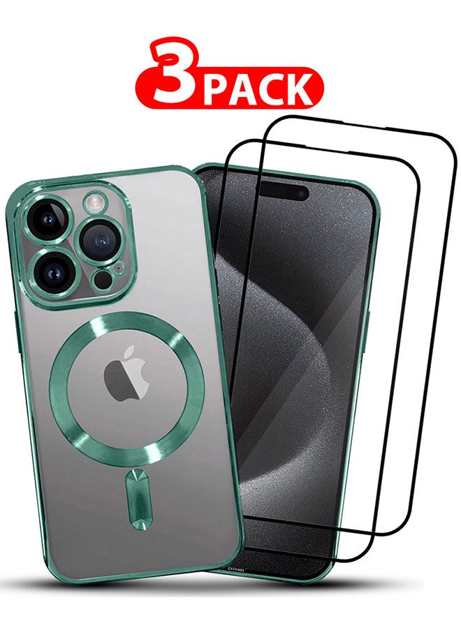 CATANES 3 Pack For iPhone 15 Pro Phone Protective Case and 2 Screen Protectors Fashionable Electroplated Magnetic Suction Full Covered Shockproof Phone Cover with Magnetic Rings Green - Image 1