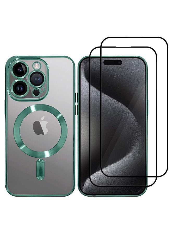 CATANES 3 Pack For iPhone 15 Pro Phone Protective Case and 2 Screen Protectors Fashionable Electroplated Magnetic Suction Full Covered Shockproof Phone Cover with Magnetic Rings Green - Image 2