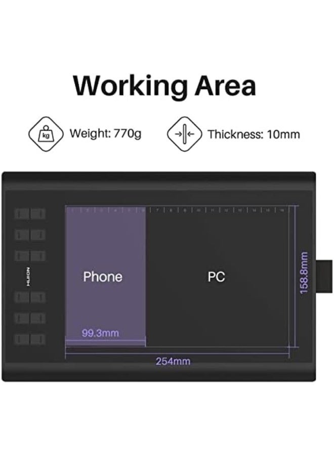 HUION Inspiroy H1060P Drawing Tablet with Stylus, 10×6.25" Digital Graphics Tablet, 8192 Pressure Levels, 12 Shortcut Keys, Art Tablet for Mac, Windows & Android Black - Image 2