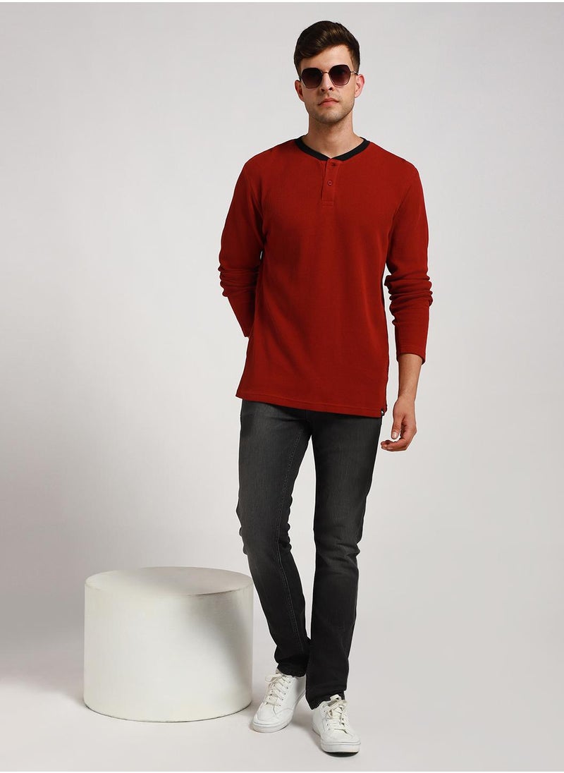 Dennis Lingo - Maroon Slim Fit Solid Henley Neck T-shirt for Men - 100% Cotton, Full Sleeve, Casual - Image 1