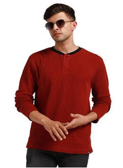 Maroon Slim Fit Solid Henley Neck T-shirt for Men - 100% Cotton, Full Sleeve, Casual