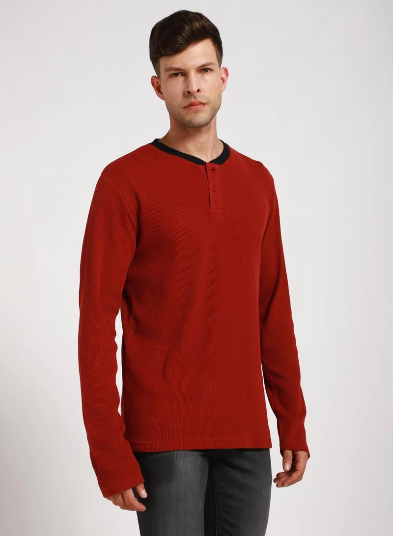 Dennis Lingo Maroon Slim Fit Solid Henley Neck T-shirt for Men - 100% Cotton, Full Sleeve, Casual