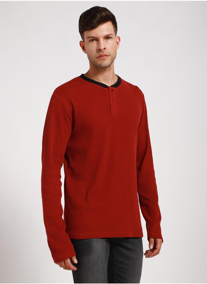 Dennis Lingo - Maroon Slim Fit Solid Henley Neck T-shirt for Men - 100% Cotton, Full Sleeve, Casual - Image 1