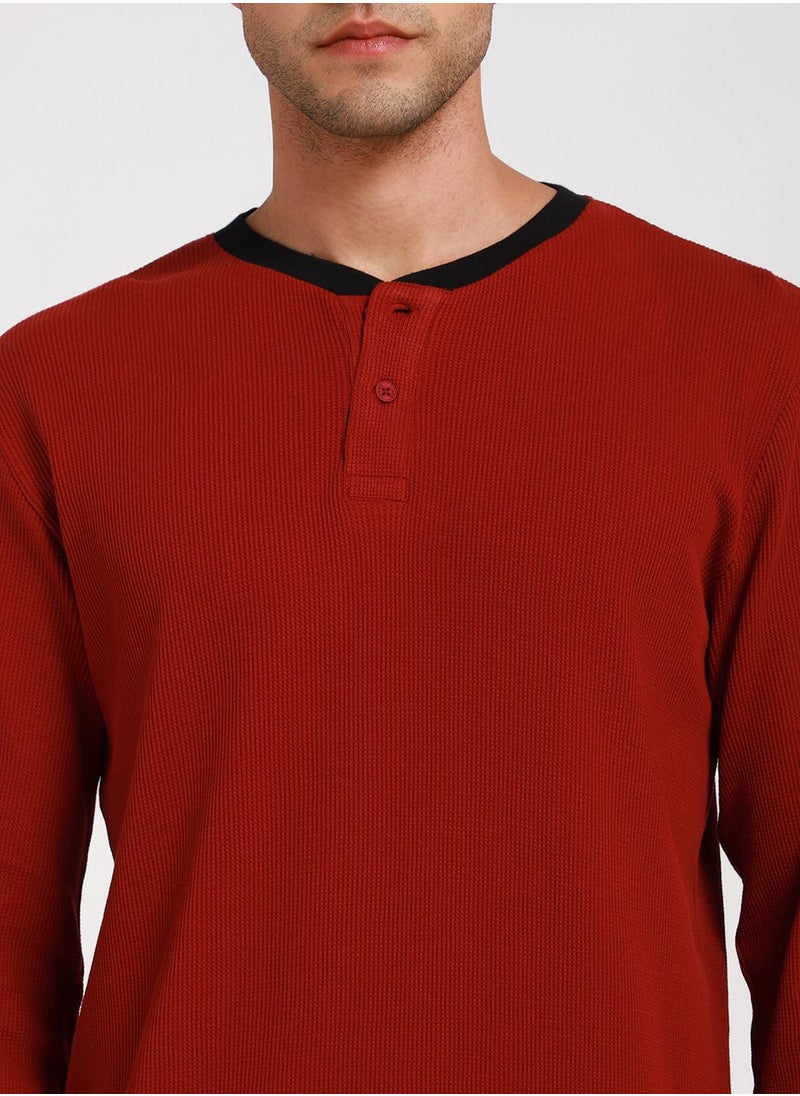 Dennis Lingo - Maroon Slim Fit Solid Henley Neck T-shirt for Men - 100% Cotton, Full Sleeve, Casual - Image 1