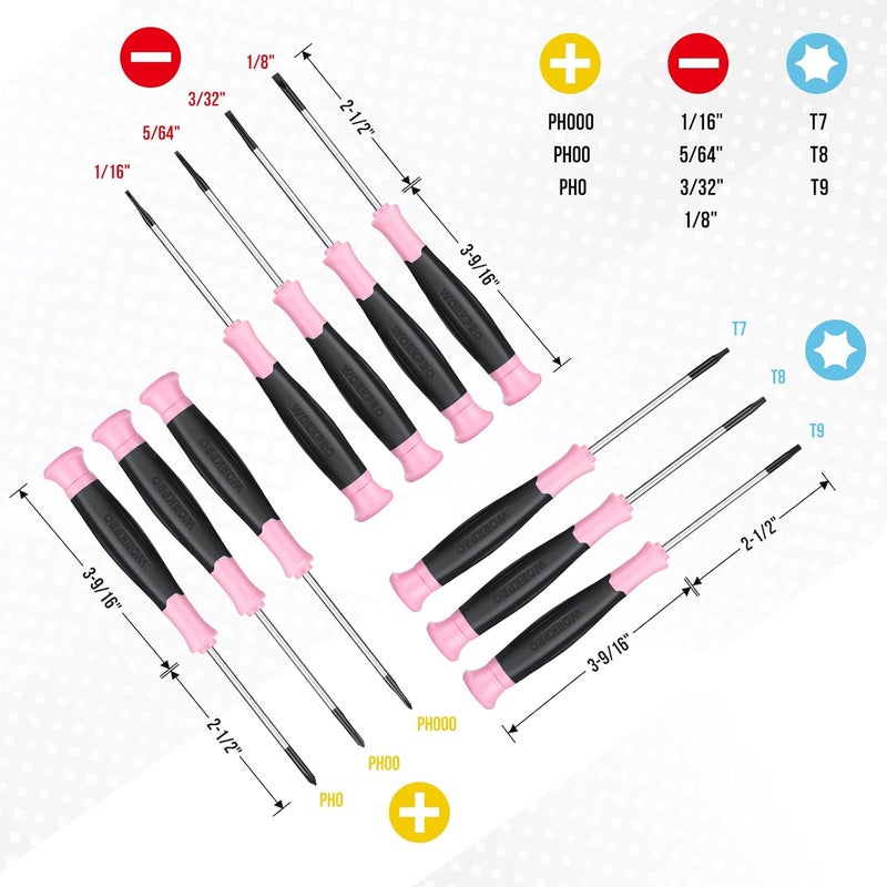 WORKPRO 10-Piece Precision Screwdriver Set with Pink Pouch, Phillips, Slotted, Torx Star, Magnetic Tip Small Screwdriver Repair Kit, for Eyeglass, Watch, Computer, Laptop and Phone - Pink Ribbon - Image 4