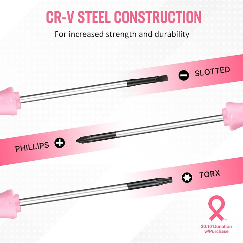 WORKPRO 10-Piece Precision Screwdriver Set with Pink Pouch, Phillips, Slotted, Torx Star, Magnetic Tip Small Screwdriver Repair Kit, for Eyeglass, Watch, Computer, Laptop and Phone - Pink Ribbon - Image 5