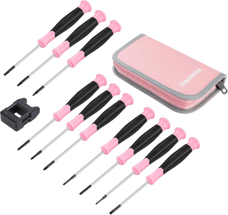 WORKPRO 10-Piece Precision Screwdriver Set with Pink Pouch, Phillips, Slotted, Torx Star, Magnetic Tip Small Screwdriver Repair Kit, for Eyeglass, Watch, Computer, Laptop and Phone - Pink Ribbon - Image 1