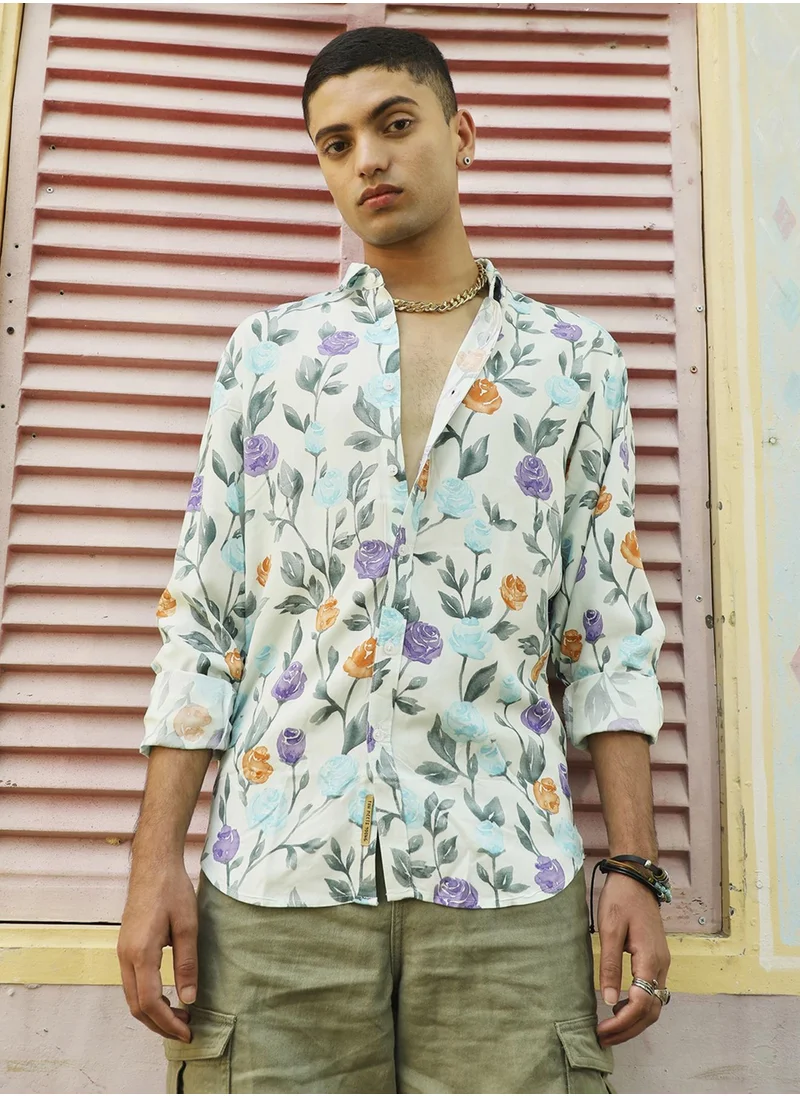 كامبوس سوترا Campus Sutra Men's Multicolour Rose Garden Print Button Up Regular Fit Shirt For Casual Wear | Heavy Rayon Spread Collar Shirt Crafted With Regular Sleeve & Comfort Fit For Everyday Wear