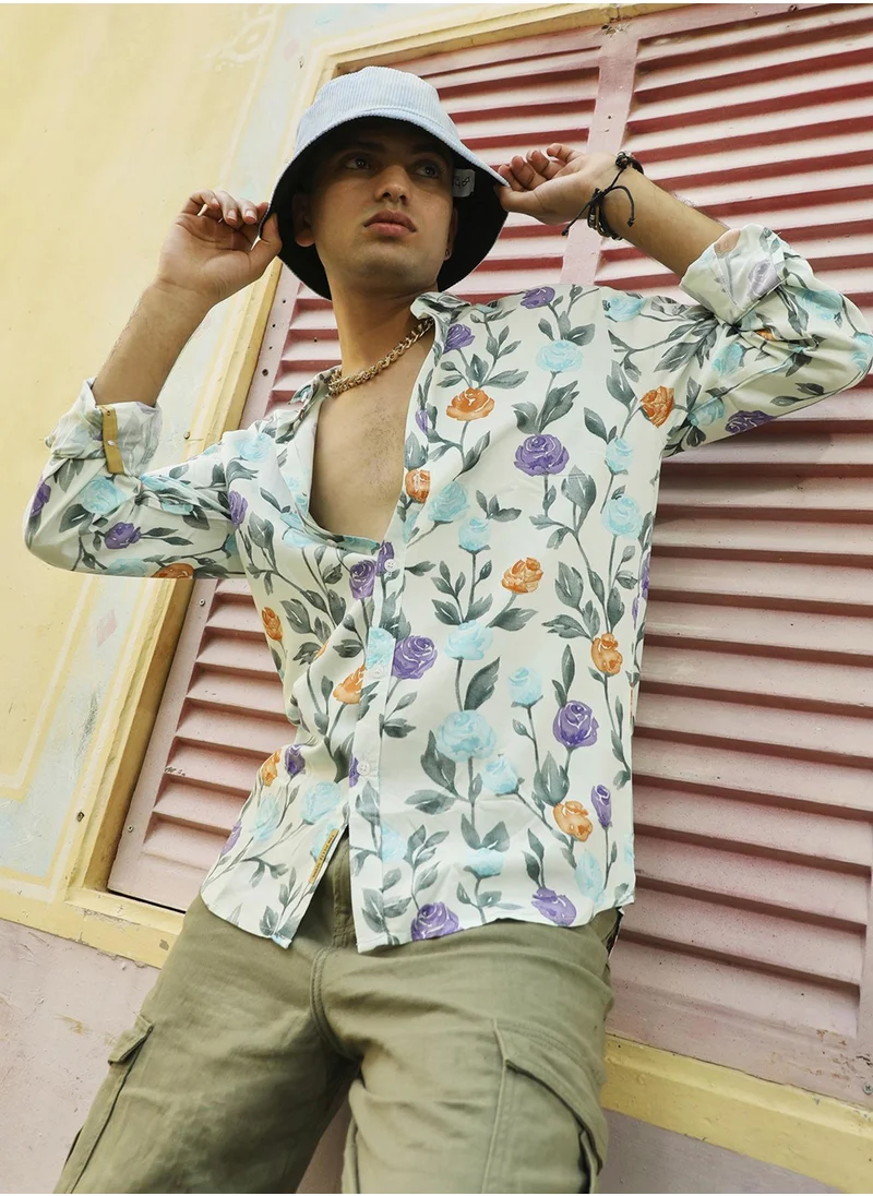 كامبوس سوترا Campus Sutra Men's Multicolour Rose Garden Print Button Up Regular Fit Shirt For Casual Wear | Heavy Rayon Spread Collar Shirt Crafted With Regular Sleeve & Comfort Fit For Everyday Wear
