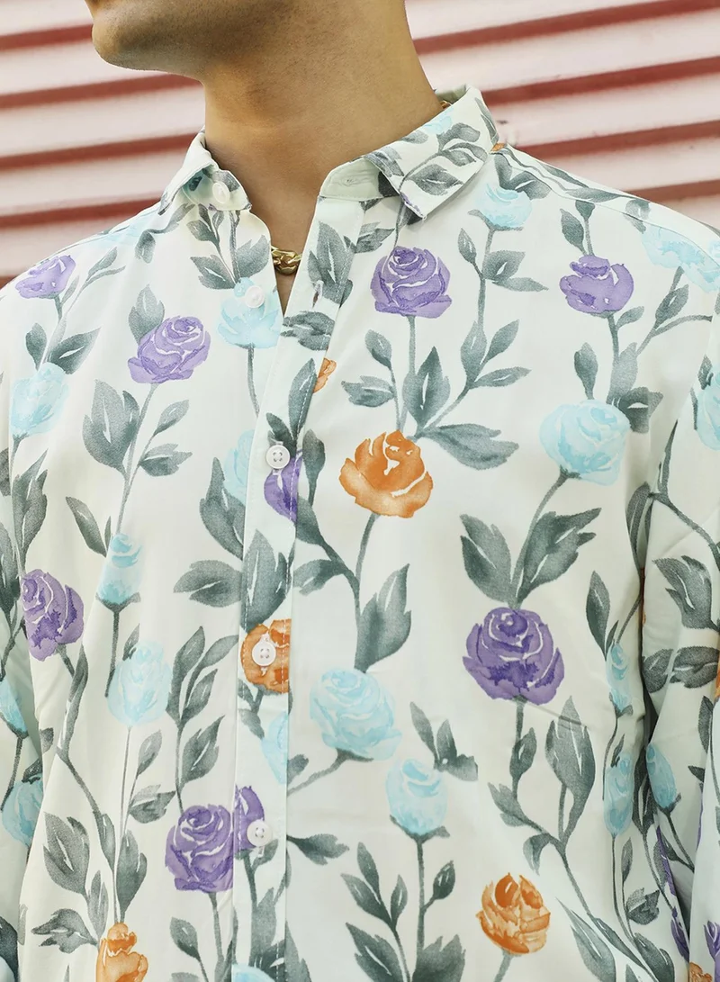 Campus Sutra Campus Sutra Men's Multicolour Rose Garden Print Button Up Regular Fit Shirt For Casual Wear | Heavy Rayon Spread Collar Shirt Crafted With Regular Sleeve & Comfort Fit For Everyday Wear
